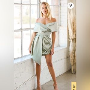 Lulus Sage Green Satin Off-the-Shoulder Mini Dress